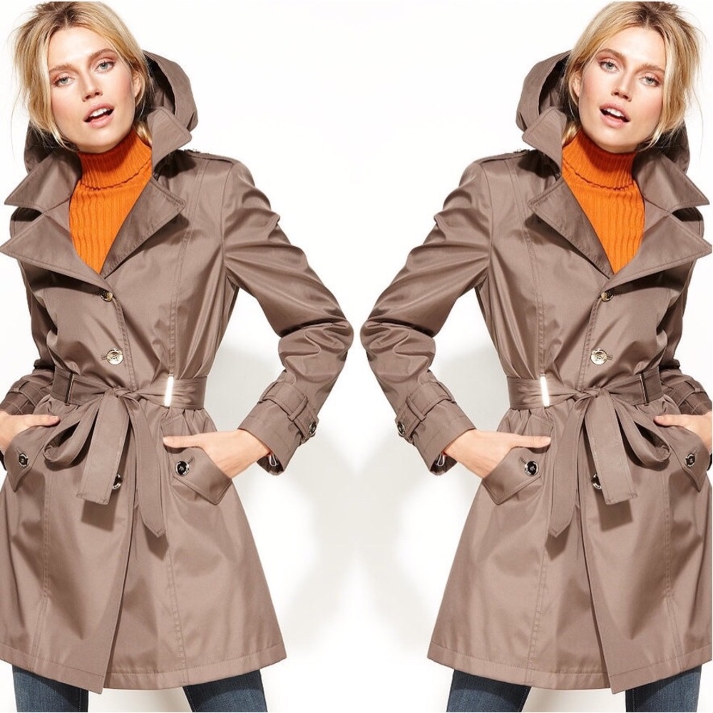 Calvin Klein belted hooded truffle trench coat